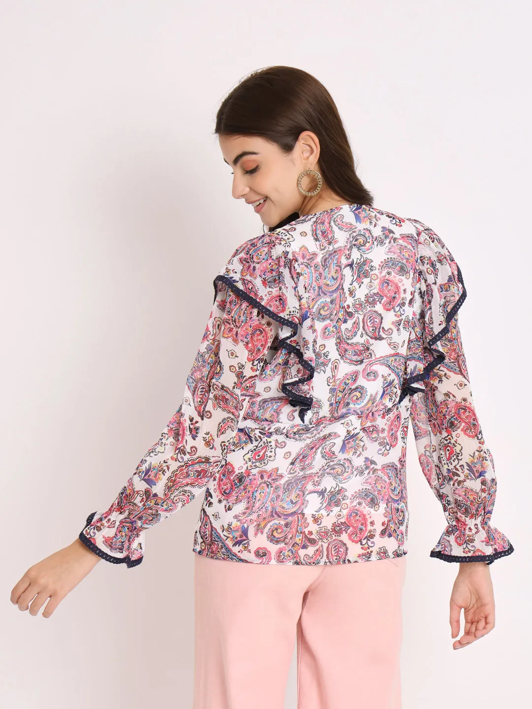 Women's Ethnic Motifs Printed V-Neck Shirt Style Top