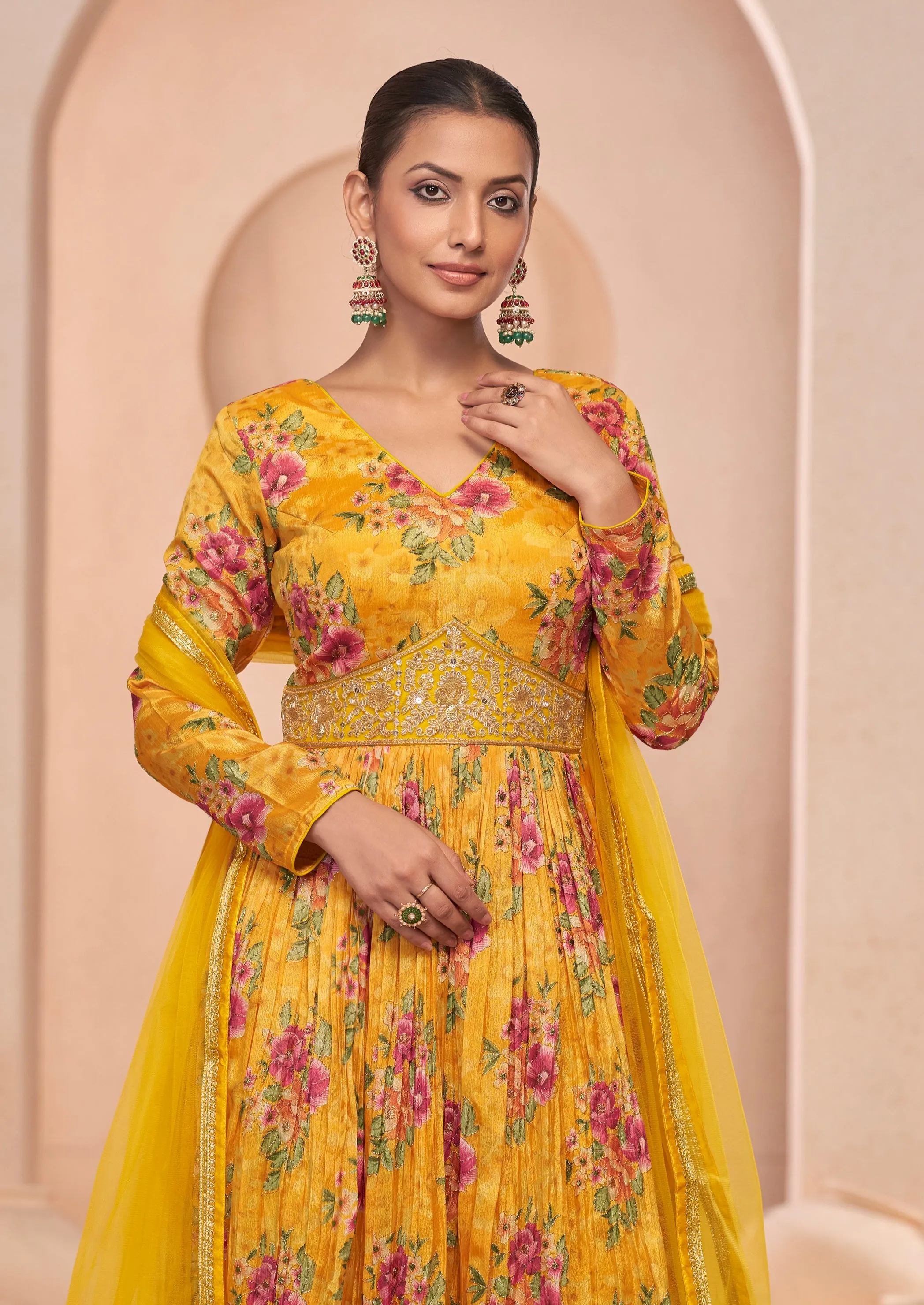 Yellow Floral Handwork Anarkali Suit with Net Dupatta
